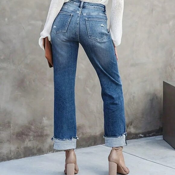 Blue Casual Women's High Waist Raw Cut Straight Leg Jeans - Picture 2 of 3